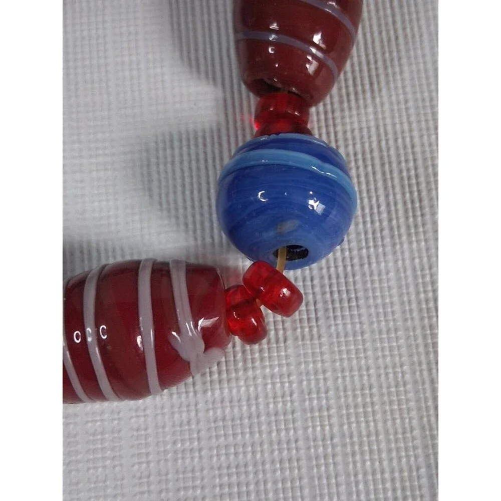 Handmade Blue Red Striped Assorted Glass Beaded Stretchy Bracelet Fair Condition
